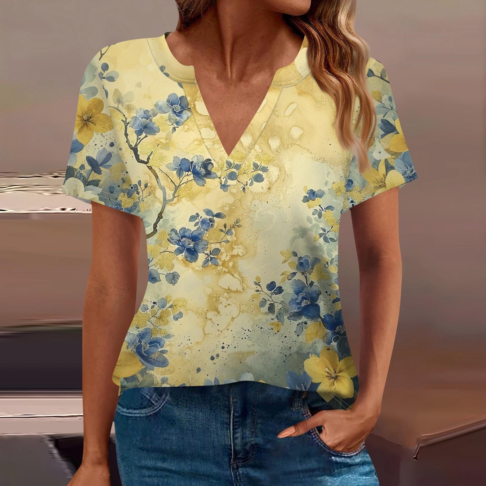 

Женская футболка Футболка с принтом с коротким рукавом Повседневные выходные Мода Базовый топ с V-образным вырезом Обычный топ XXXL жёлтый