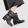 Fashion Autumn Winter Fashion Patent Leather Women Mid-calf Motorcycle Boots Casual Thick High Heels Belt Buckle Punk Knight Booties