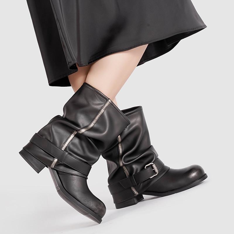 Fashion Autumn Winter Fashion Patent Leather Women Mid-calf Motorcycle Boots Casual Thick High Heels Belt Buckle Punk Knight Booties