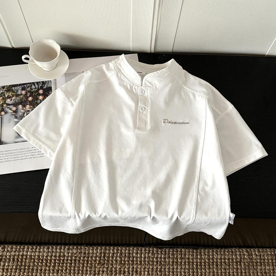 Cool Summer Cotton Stand-Up Collar Casual Embroidered T-Shirt for Boys and Girls (Oversized) 80cm
