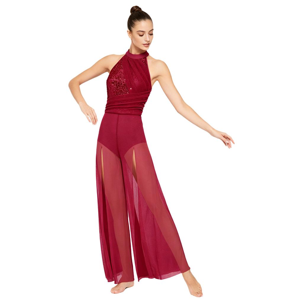 S-3XL Lyric Modern Dance Bodysuit Halter Mock Neck Sleeveless Sequin Embellished Strappy Back Mesh Wide Leg Jumpsuit One Piece Dancewear