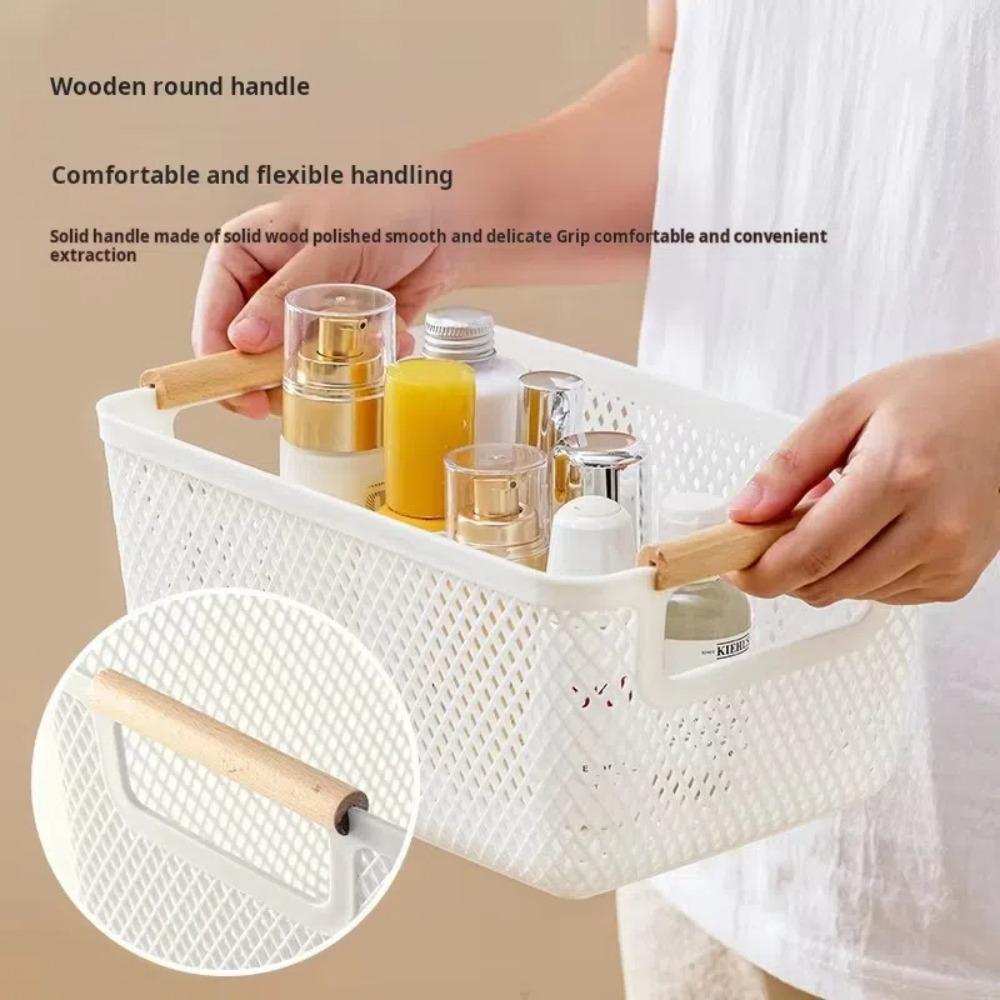 Wood Handle Sundry Storage Basket Rectangle Woven Mesh Basket Household Organizer