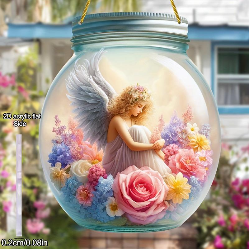 1pcs Popular Flower Fairy Angel Wall Art Hanging Home Decoration Plaque Garden Mason Jar, Colored Glass Style Sunshine Catcher, Acrylic Sign