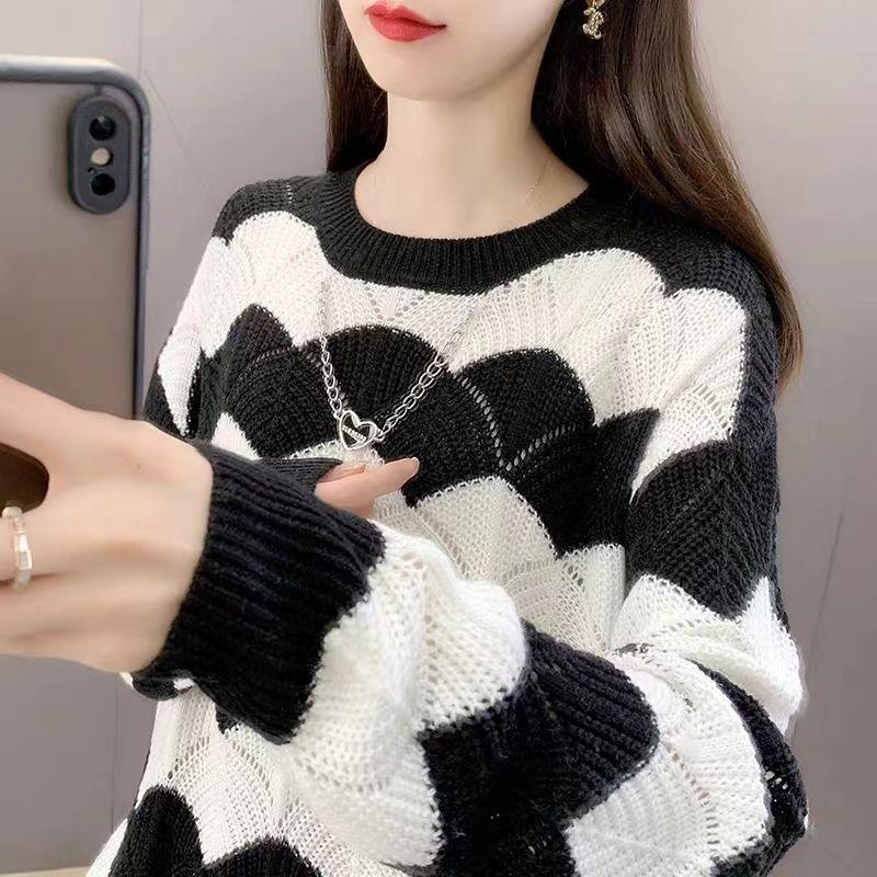 Aushöhlen Frühling Strickpullover Rundhals Locker Kontrastfarbiger Streifenpullover Damen Langärmlig Locker Vielseitig Temperamentvolles Oberteil