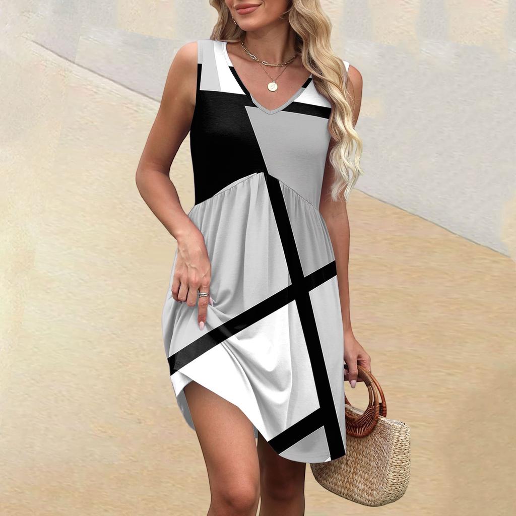 Women's Summer V-neck Casual Beach Vacation Style Striped Printed Sleeveless Patchwork Dresses