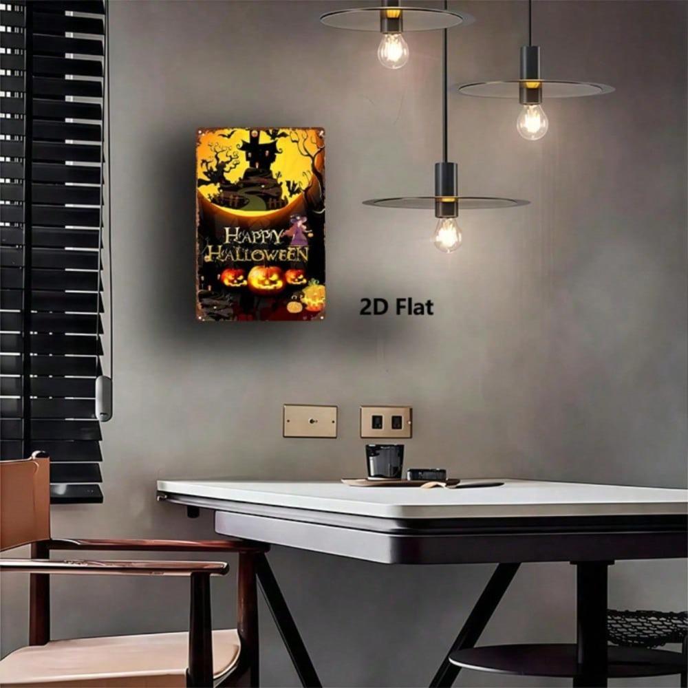 1pc 2D Flat Halloween Iron Sign Pumpkin Lanterns Ghost House Night Scene 8x12in Wall Hanging Home Bar Garage Club Decor