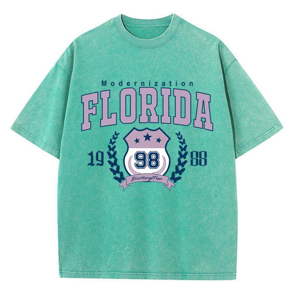 Fashion Woman Cotton Washed T-Shirts Modernization Florida Printing Tees Breathable Oversize O-Neck Summer Street Female Clothes