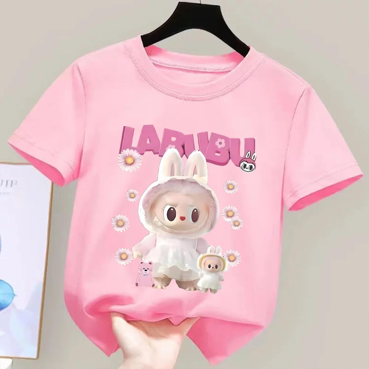2025 Maglietta a Maniche Corte Cartone Animato Hot Labubu Girocollo Nuova Abbigliamento Bambini Bambine Carino Regalo Abbigliamento Rosa 130