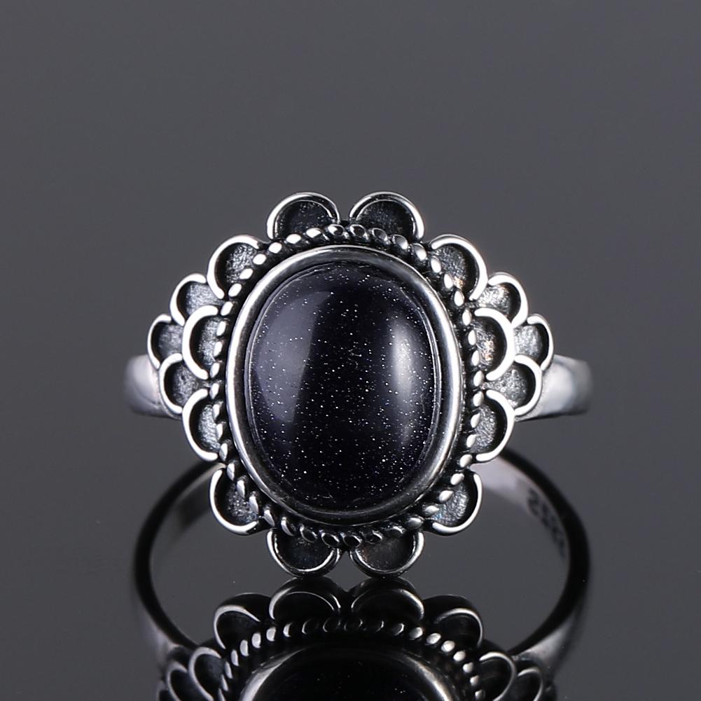 S925 Silver Ring for Women Oval Round Dropwater Natural Blue Sandstone Ring Gift Sun Shaped Retro Luxury Fine Jewelry