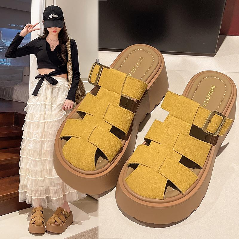 Fashion Increased Internal Fretwork Heels Shoes Ladies' Slippers Platform Cover Toe Slipers Women 2025 Slides House Slippers Platform