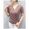 Womens V Neck Wrap Ruched Rhinestone Mesh Short Sleeve Casual Blouse