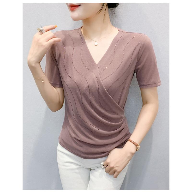Womens V Neck Wrap Ruched Rhinestone Mesh Short Sleeve Casual Blouse