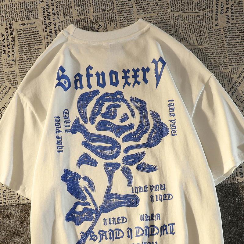 New Hong Kongstyle Retro High Street Rose Loose Trendy Summer Tshirt 100 Cotton Cool Versatile Adult Mens Daily Wear Soft