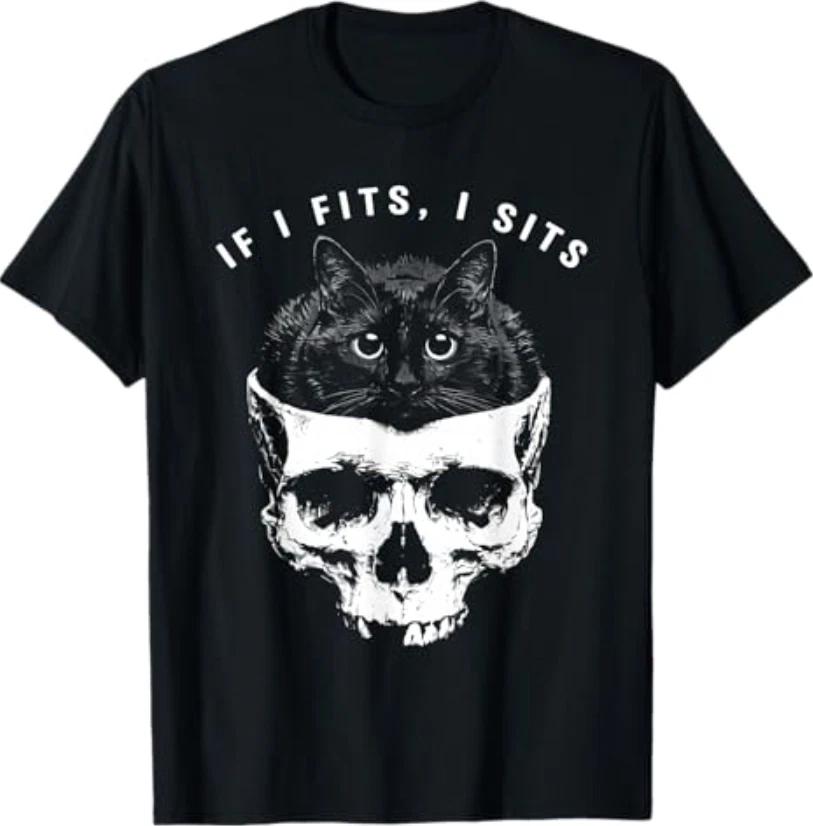 If I Fits I Sits Black Cat Skull Gothic Dark Humor T-Shirt L