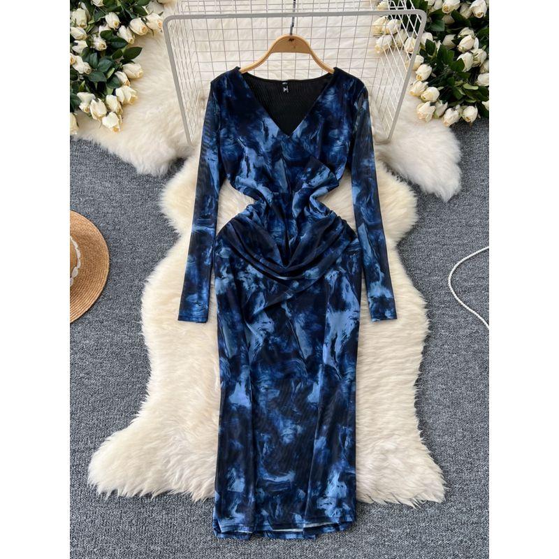 Adult Lady like Woman Fancy Women's Clothing Dress Scheming Ruched Silm Slim Looking Temperament Long Sleeve Mesh Floral Print Hip Skirt