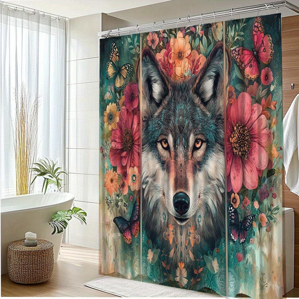 1Pc Vibrant Floral Wolf & Butterfly Shower Curtain - Polyester Fabric Bathroom Decor With 12 Hooks, 70.8X70.8 Inches, Machine