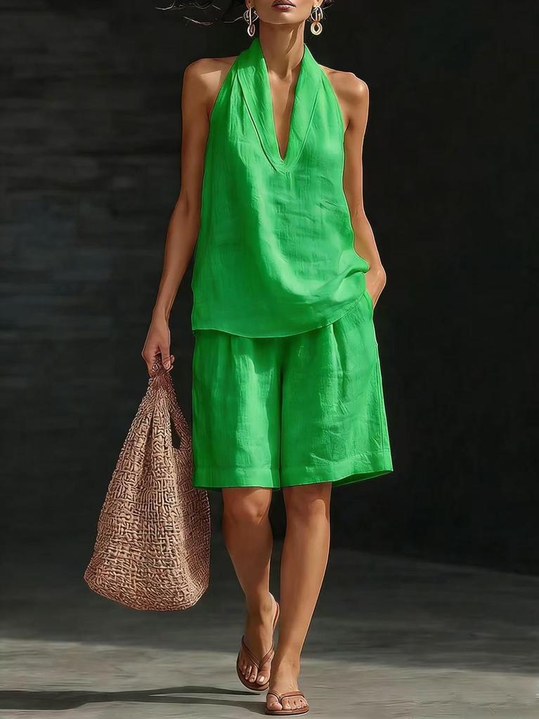 2026 Women's Halter V-Neck Sleeveless Casual Shorts Set