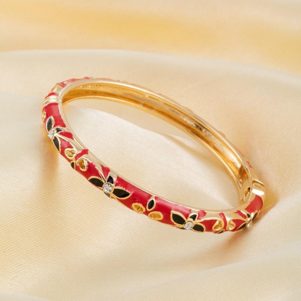 Exquisite Painting Enamel Flower Bangle Lightweight Metal Rhinestone Thin Bracelet Beach Vacation
