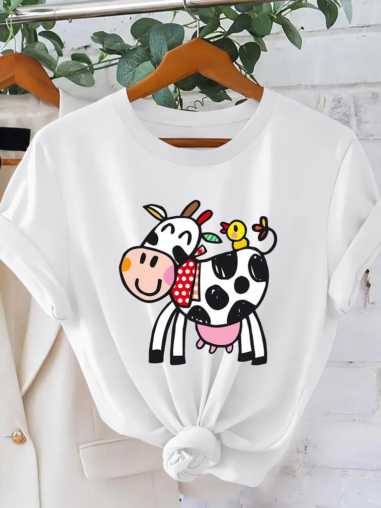 Smiling Cow and Bird Cartoon Printed Women's T-shirt Healing Style Fun Round Neck Short Sleeve Casual Top Fashion Women's Top