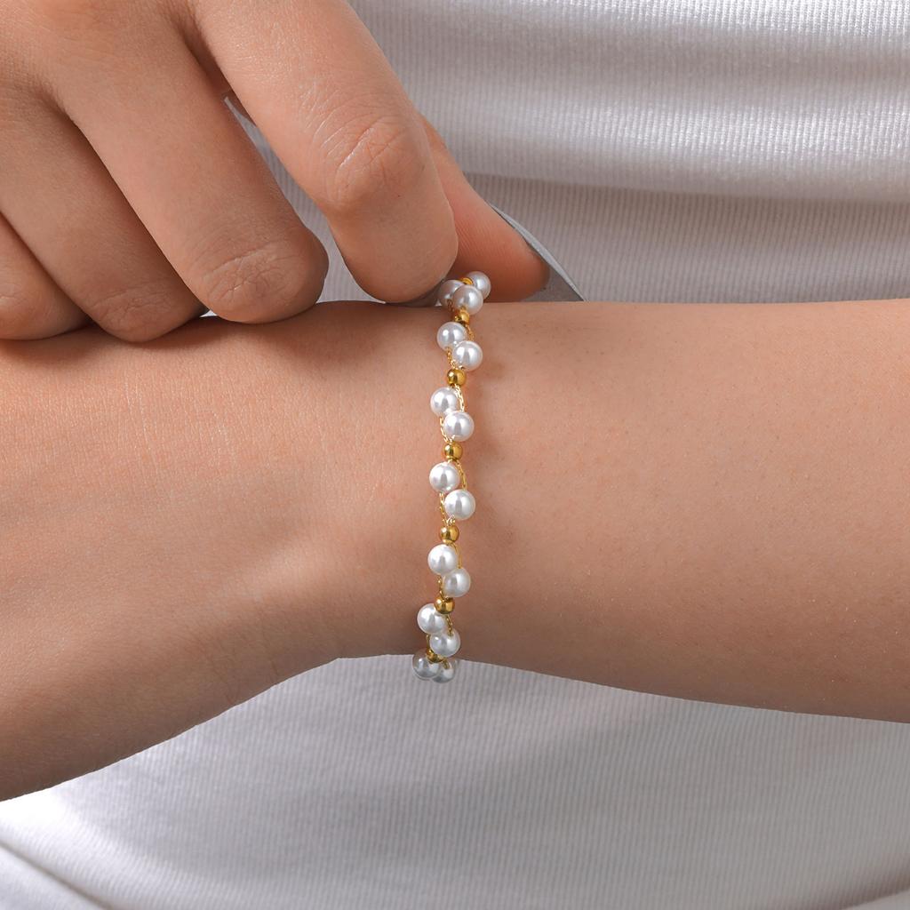 Fashion Stainless Steel Chain Bead Bracelet 18K Gold Ladies 2563
