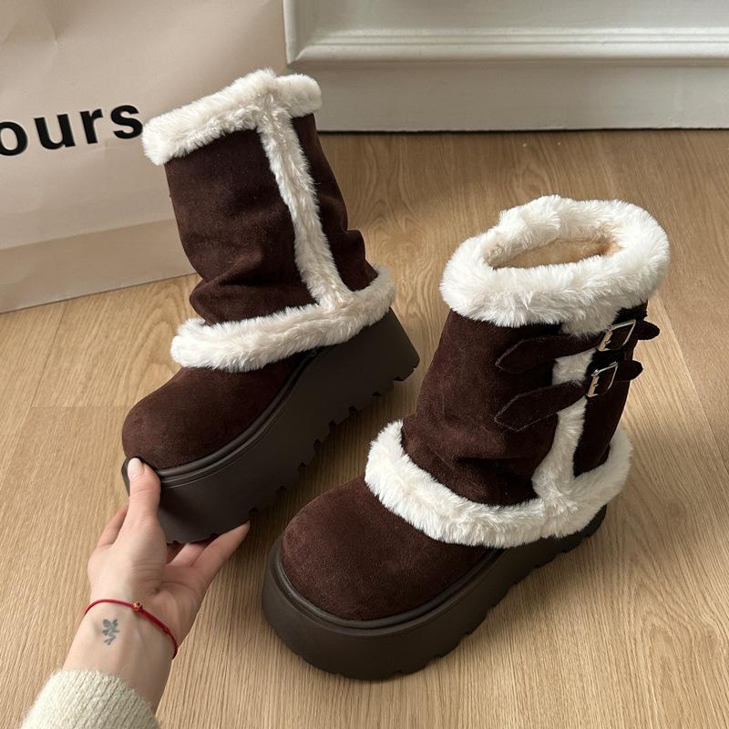 White thick-soled heightening piled thickened snow boots women's new winter warm Northeast fluffy cotton shoes