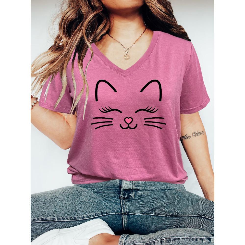 Übergröße Cartoon-Katzen-Print T-Shirt, Lässiges V-Ausschnitt Kurzarm-T-Shirt, Damen Übergrößen Bekleidung