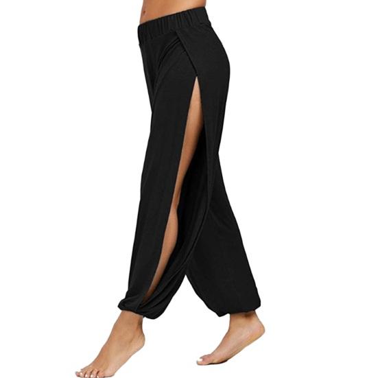 Women Harem Pants High Waist Side Slit Design Wide Leg Casual Trousers Solid Color Hip Hop Style Yoga Dance Pants