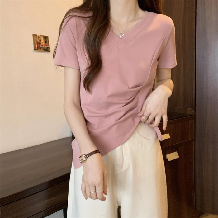 New pink v-neck short-sleeved T-shirt women's summer design sense niche folds closed waist split irregular top