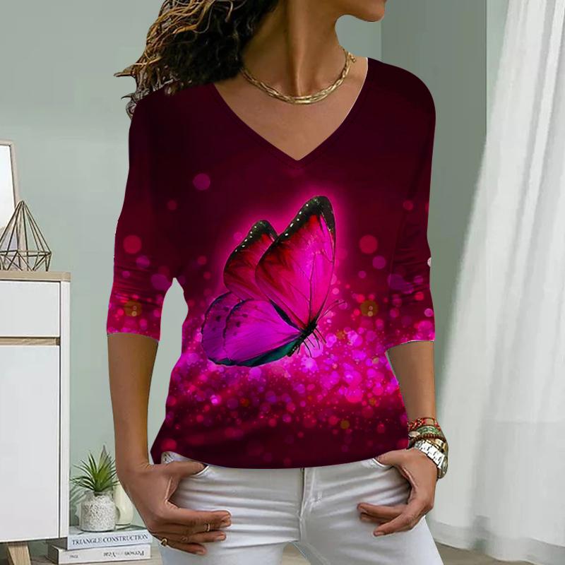 T-shirt da Donna con Stampa di Farfalle Fluorescenti Top da Donna Manica Lunga Scollo a V Pullover T-shirt da Donna