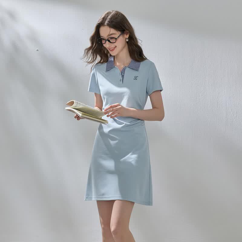Women's Plaid Collar Short Sleeve A-Line Polo Dress