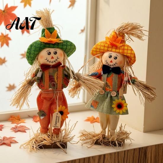 Harvest Festival Party Supplies Standing Fall Scarecrow Decoration, Rustic Halloween Thanksgiving Ornament Indoor Home with Clothes Hat for
