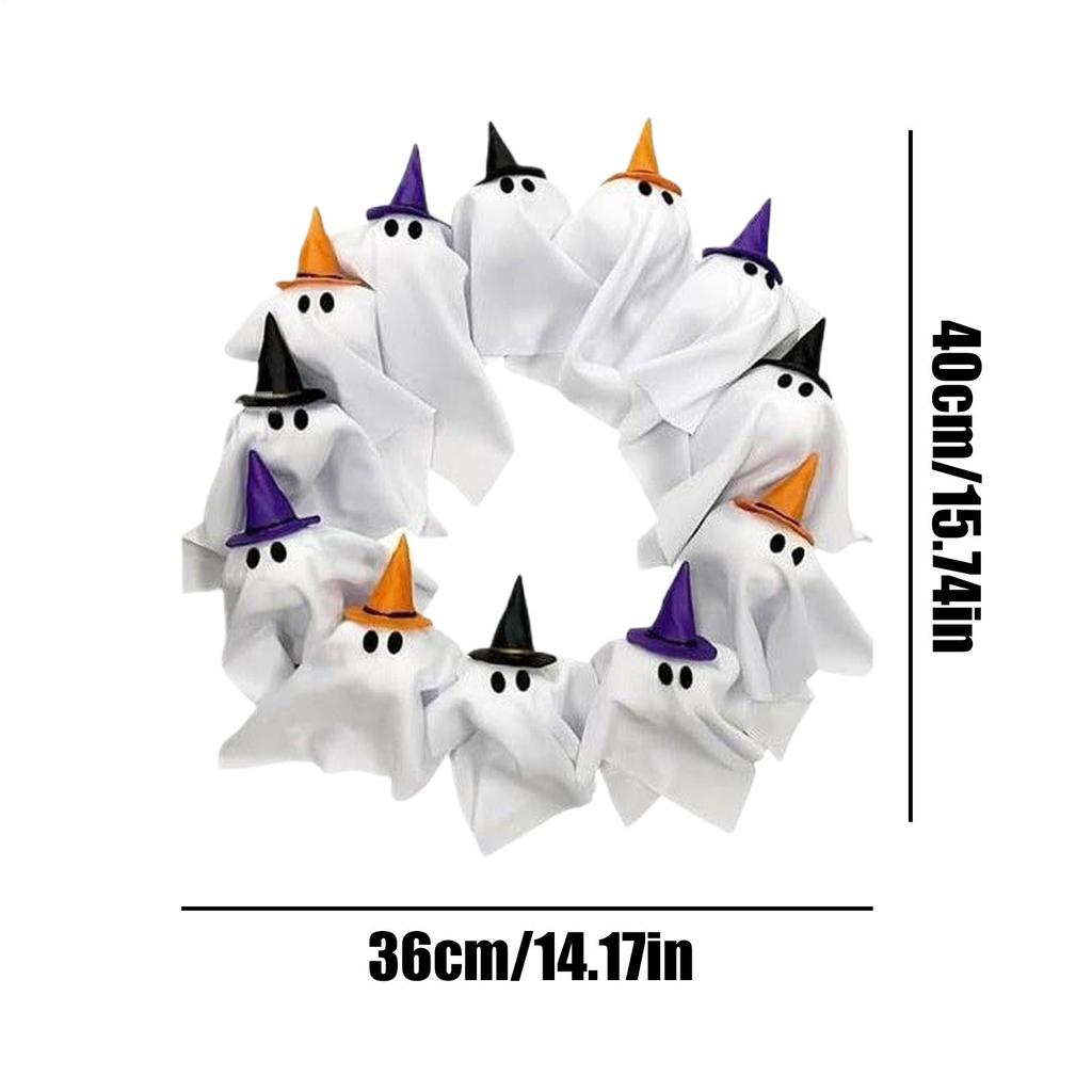Ghost Wreath 12-LED Ghost Halloween Front Door Decoration Cute Scary Decor Home Party Decoration for Balcony Wall Lawn Patio
