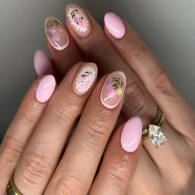 24Pcs Almond Press On Nail Flower French Fake Nail Acrylic False Nail,Artificial Nail Glues On Nail for Womens Girls