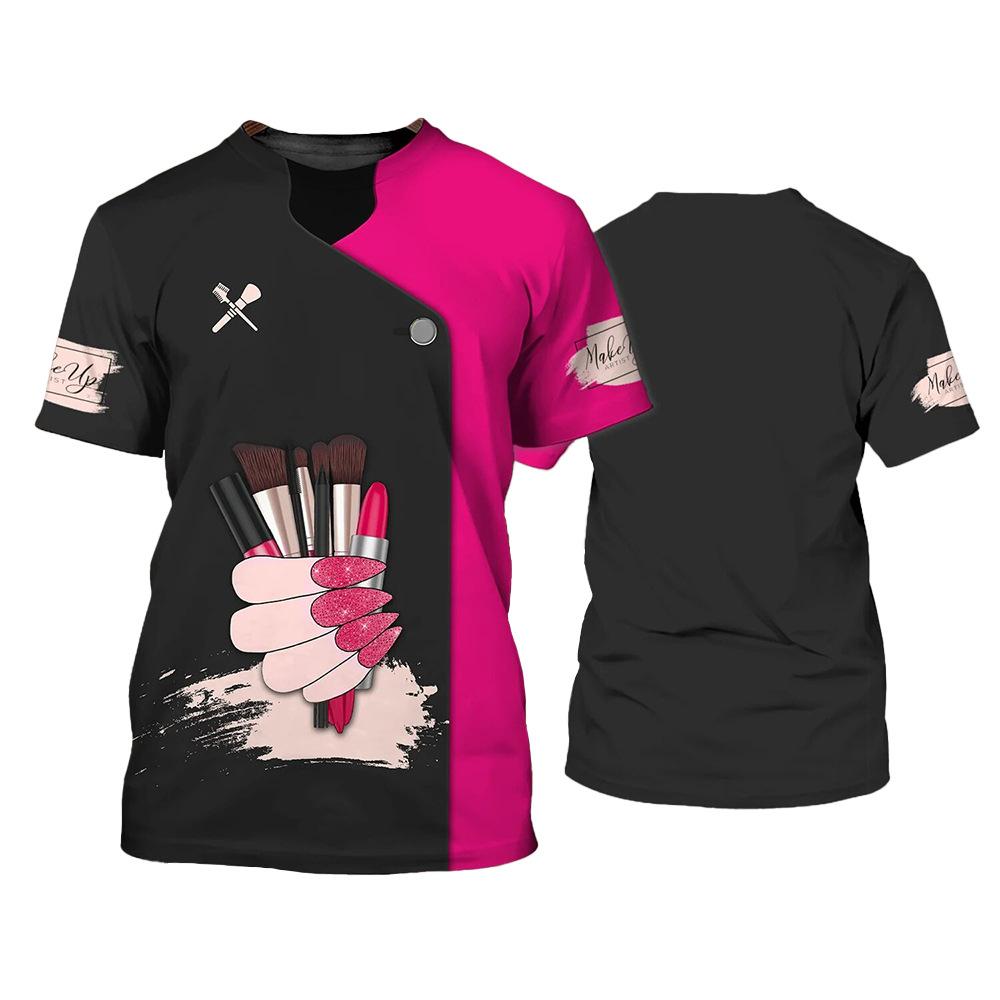 Digital Printed Women's Round Neck Casual Short Sleeved T-shirt Beauty Nail Uniform Summer Casual Fashion Comfortable Plus Size T-shirt