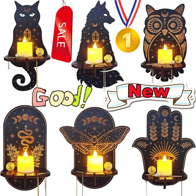 New Wall Hanging Candlestick Wooden Carving Owl Animals Foxes Cat Book Crystal Storage Rack Home Christmas New Year Decor Gifts