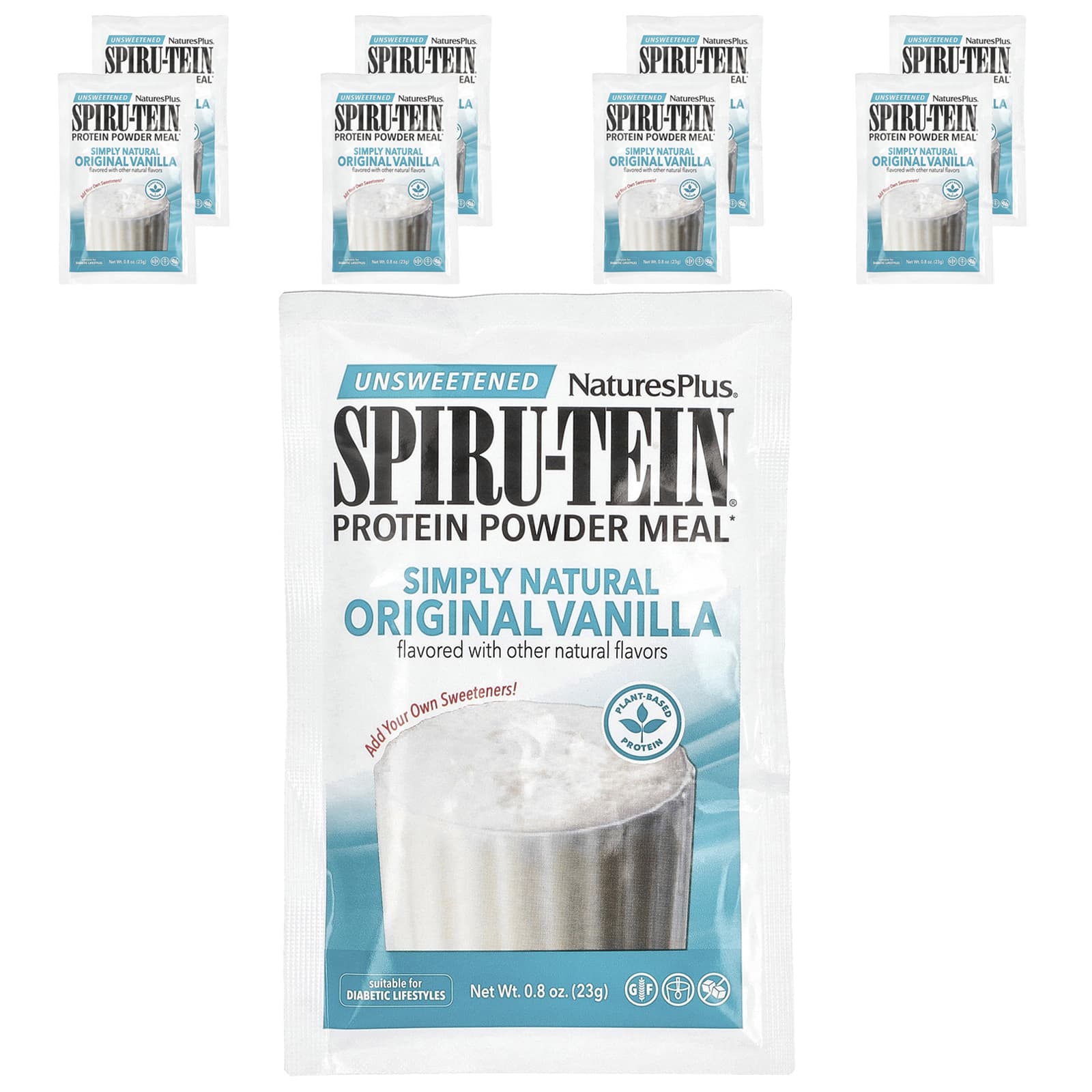 

NaturesPlus, Spiru-Tein®, Protein Powder Meal, Unsweetened, Vanilla, 8 Packs, 0.8 oz (23 g) Each