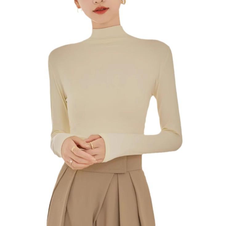 Women's Black Mid-Neck Modal Base Layer Top - 2024 Long Sleeve Slim Fit for All Seasons