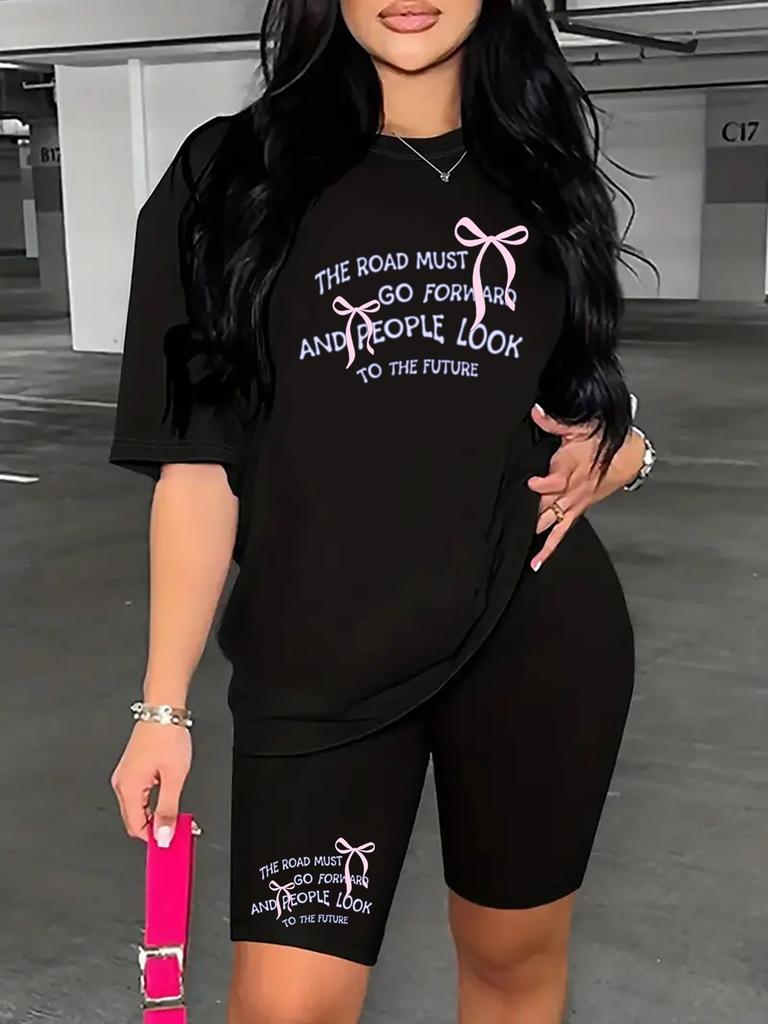 Bear standard size European and American women's clothing lip printing T-shirt shorts set sports suit