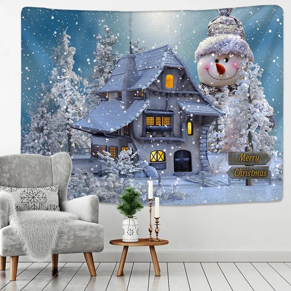 New Year Christmas Decoration Snow House Nature Cat Tapestry Kawaii Decor Wall Hanging Psychedelic Hippie Aesthetic Home Decor