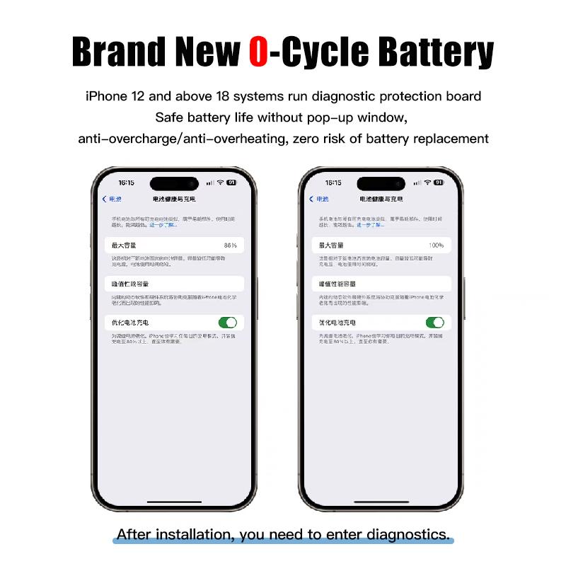Bresun battery for i-PHONE 12 13 14 and 15 series ios18-ios26 diagnostics No pop-up notifications 100% healthy New 0 cycle