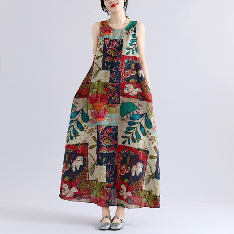 Fără mâneci Plus mărime Bumbac vintage Floral nou în rochii pentru femei rochie lejeră lungă de vară