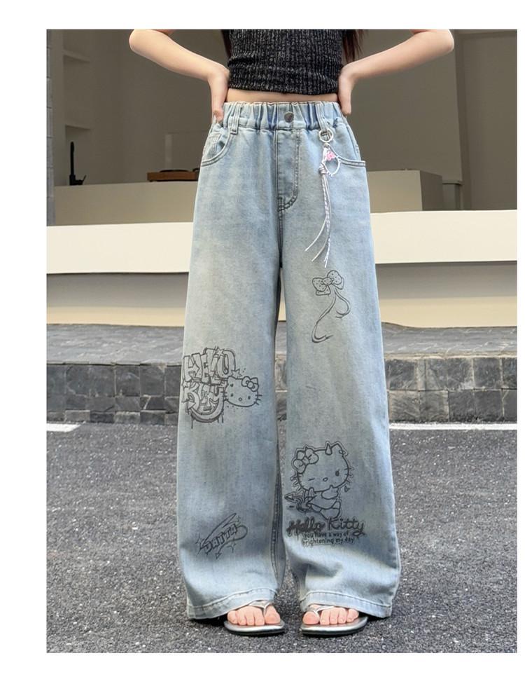 Girls' Retro Blue Graffiti Wide-Leg Jeans: Hand-Painted Loose-Fit Casual Pants