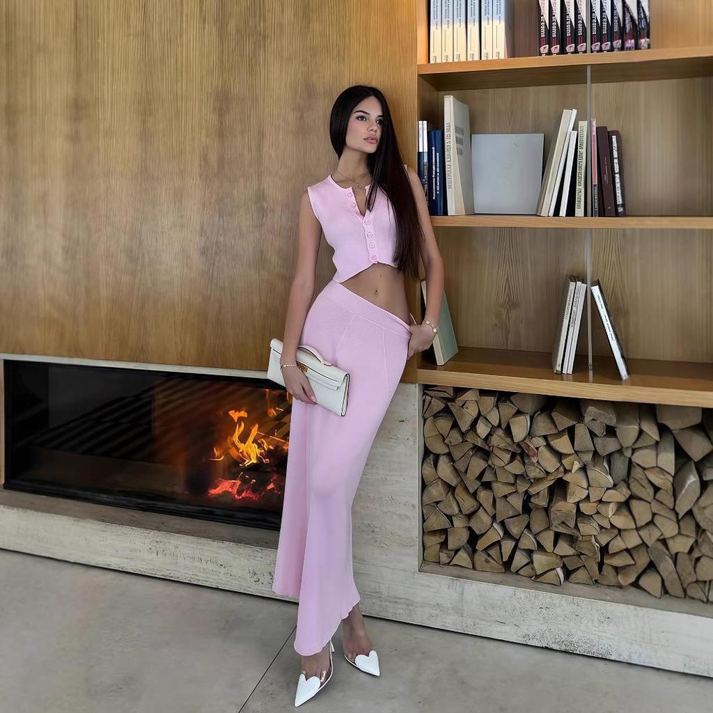 European & American Pink Slim Knit Set - Sleeveless Cardigan Crop Top & High Waist Hip Wrap Skirt