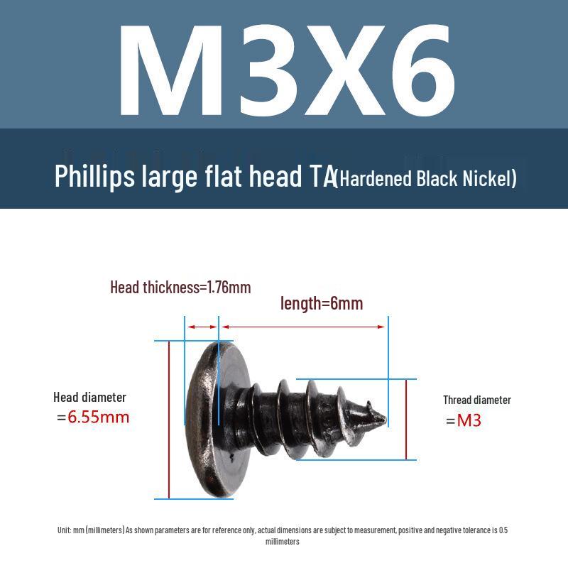 Yigu Black Nickel Hardened Phillips Flat Head Self-Tapping Screws M3-M5, Carbon Steel, Coarse Thread, Pointed Tail