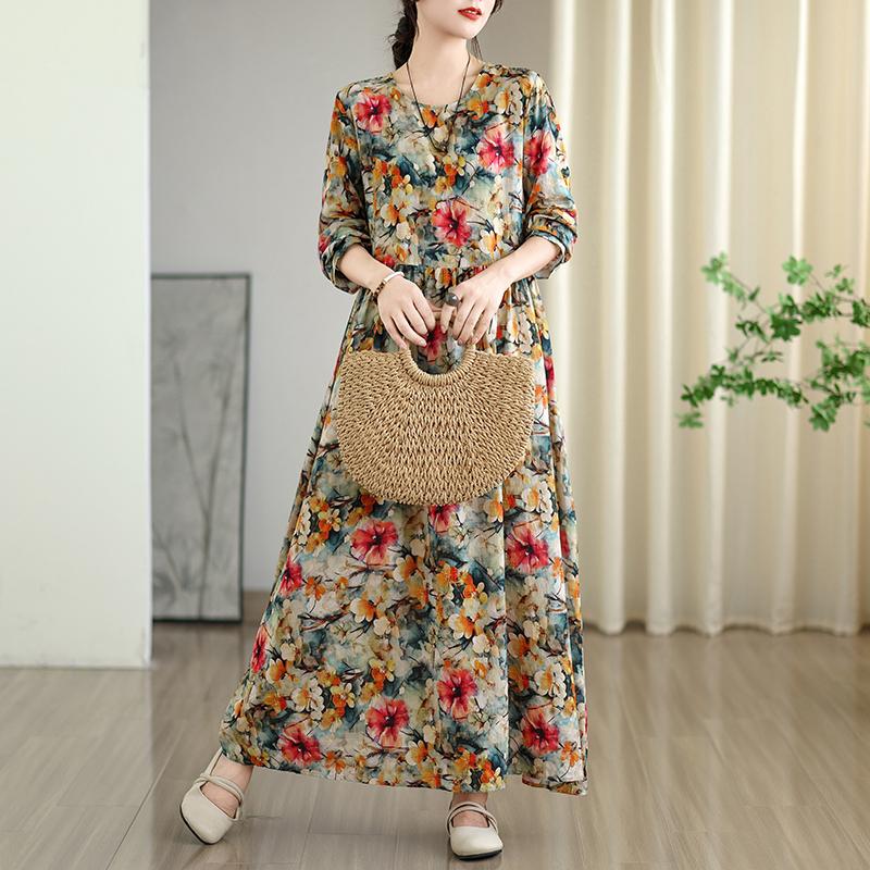 Dimanaf New 2025 Women Plus Size Spring Long Dress Loose Basic Vintage Oversize Long Sleeve Maxi Floral