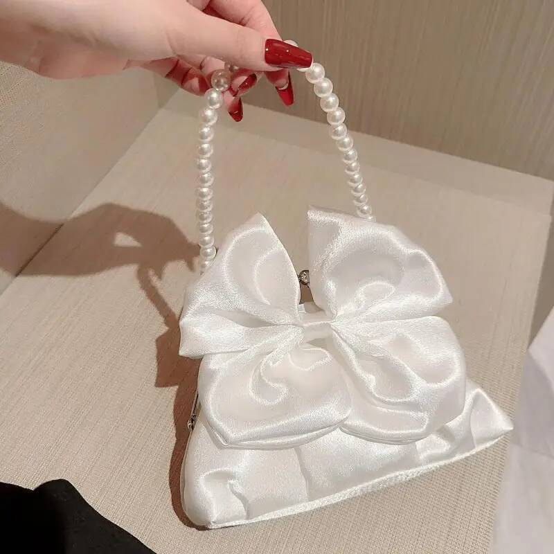 High Quality White Women Bow knot Purse Handbag Evening Party Bag Satin Clutch Bags For Wedding Prom Party Purse