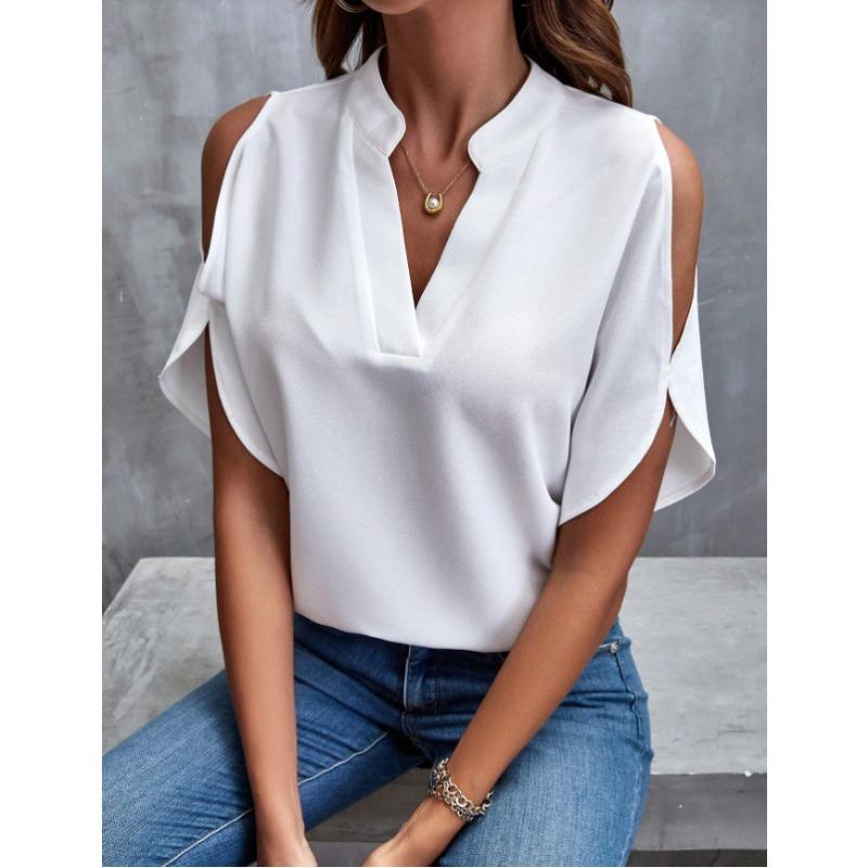 Women s summer new printed V-neck temperament fashion off-the-shoulder sleeves women s top S