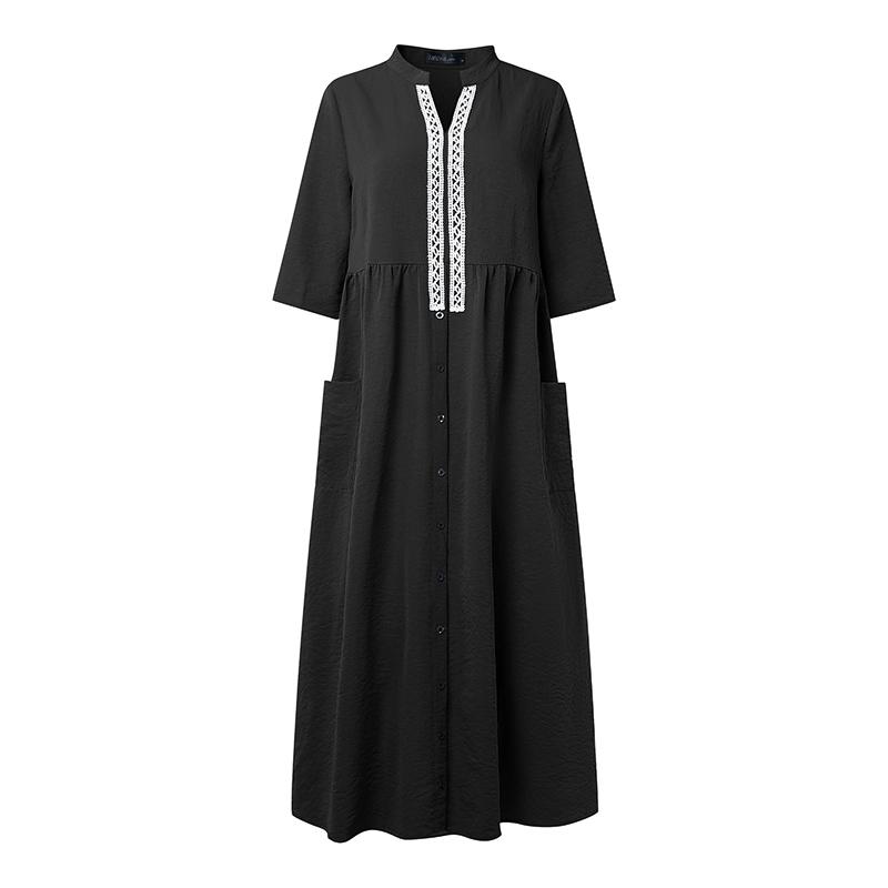 ZANZEA Womens Casual Lace Splice V-Neck Summer Half Sleeve Long Dress