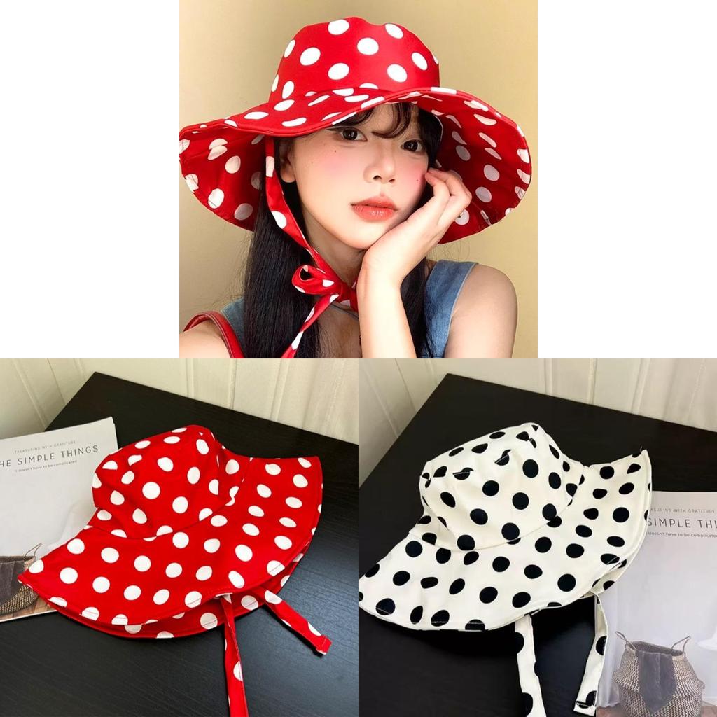 Vintage Red Polka Dot Bucket Hat With Wide Brim Sun Protection For Women Summer Casual