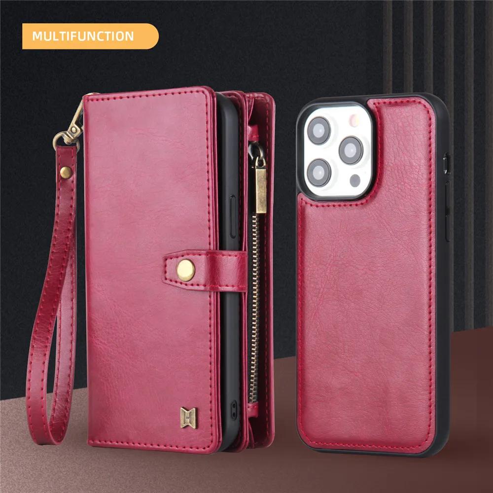 2 in 1 Detachable Cards Solt Zipper Purse Wallet Case For iPhone 16 Pro Max 15 14 Plus 13 12 11 XS X Magnetic Flip Leather Case